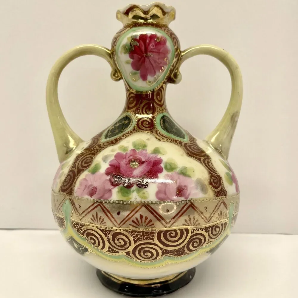 VTG Nagoya Japan Moriage Vase 7.5in Hand Painted Pink Roses Gold Double Handle